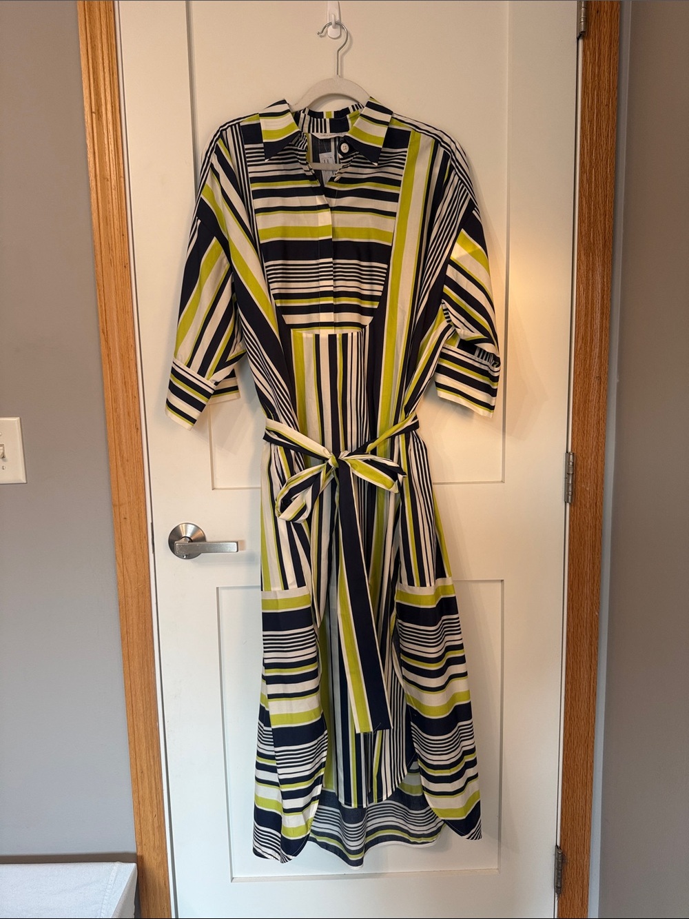 Carla Rockmore Belted Maxi  Striped Shirt Dress Navy, White & Lime. Large. EUC